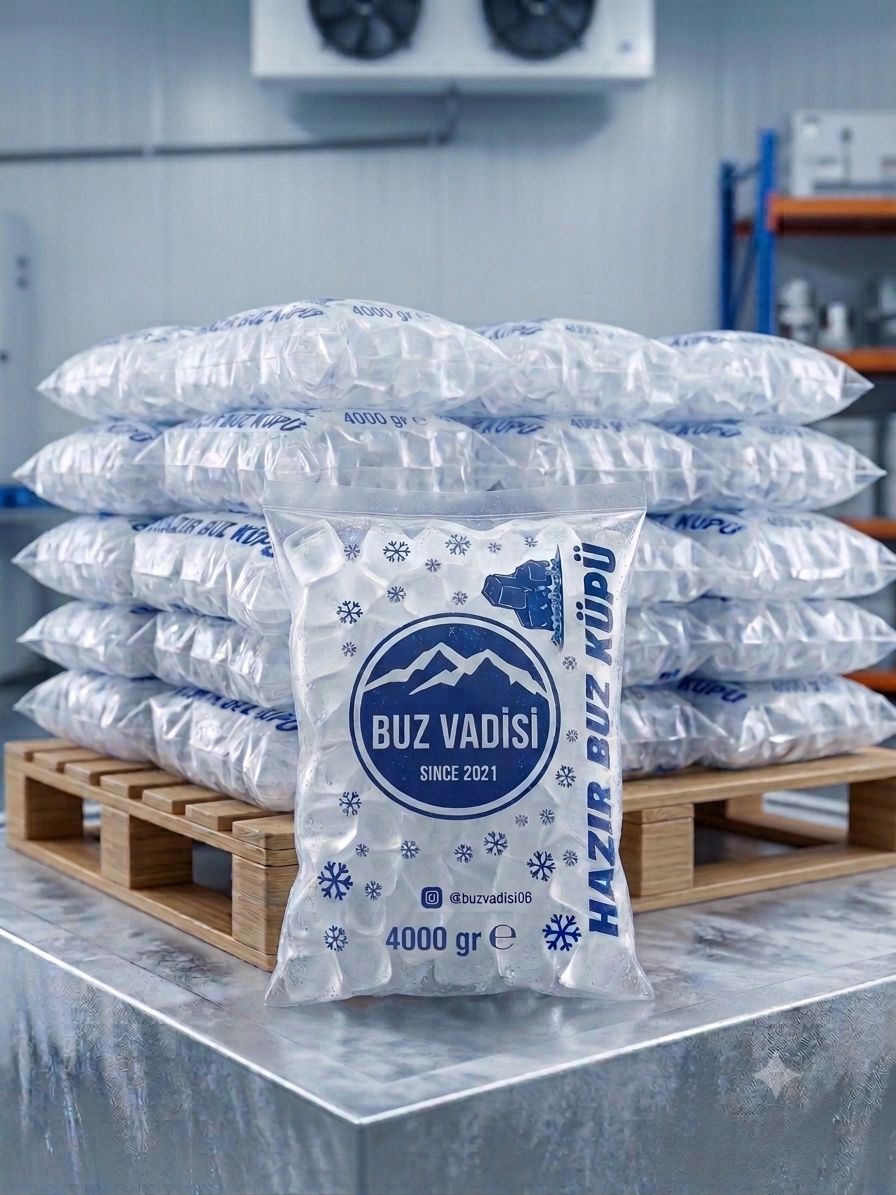 Buz Vadisi 4 kg paket buz torbaları, soğuk hava deposunda palet üzerinde
